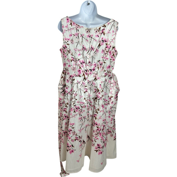 Cherry Blossom Print Dupioni Midi Dress Sz 16 Split Boat Neck Sash Belt New - Picture 12 of 13